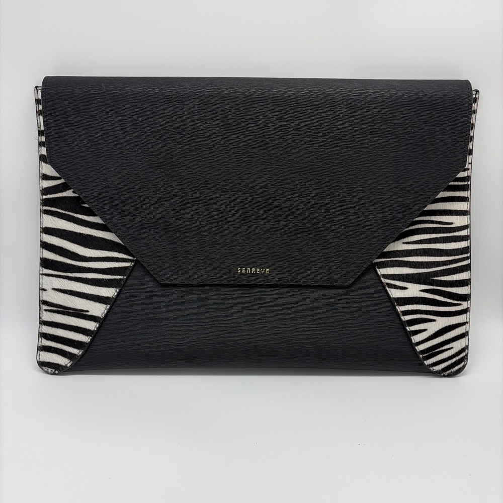 Senreve Clutch Leather Black Zebra Calf Hair Fits And iPad Or Small Laptop
